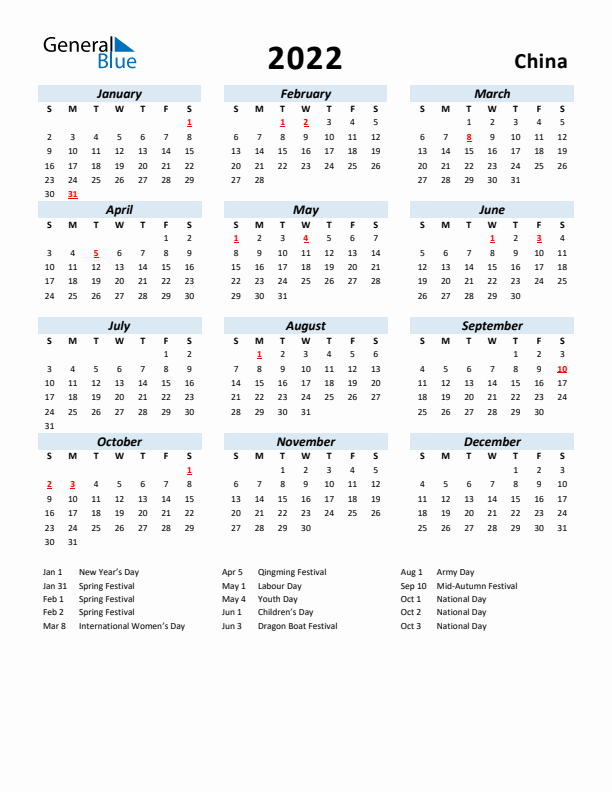 2022 Calendar for China with Holidays