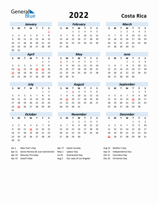 2022 Calendar for Costa Rica with Holidays