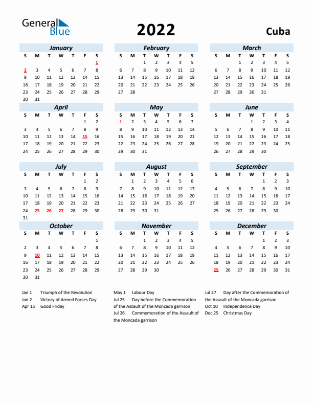 2022 Calendar for Cuba with Holidays