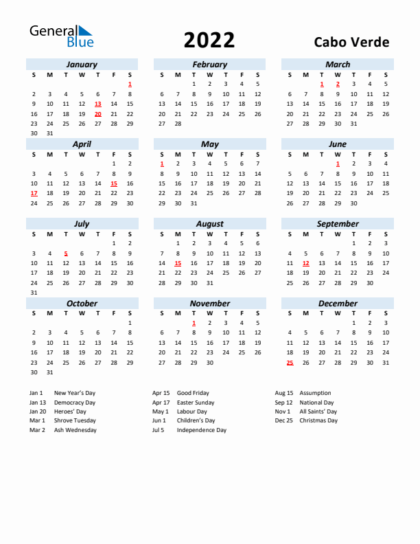 2022 Calendar for Cabo Verde with Holidays