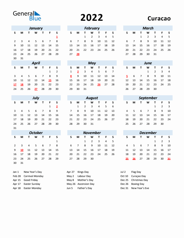 2022 Calendar for Curacao with Holidays