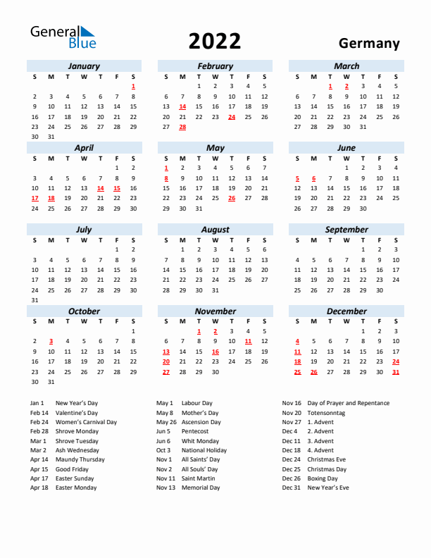 2022 Calendar for Germany with Holidays