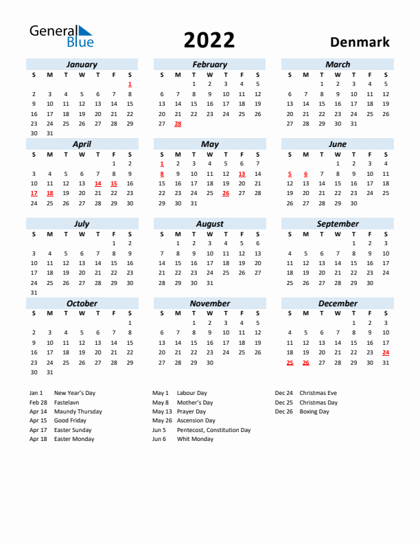 2022 Calendar for Denmark with Holidays