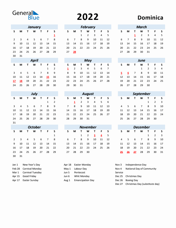 2022 Calendar for Dominica with Holidays