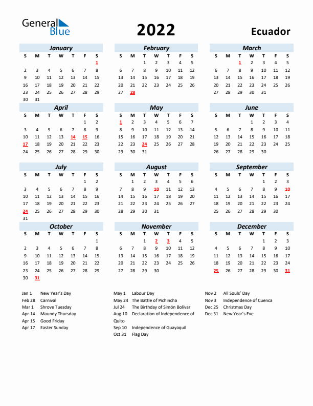 2022 Calendar for Ecuador with Holidays