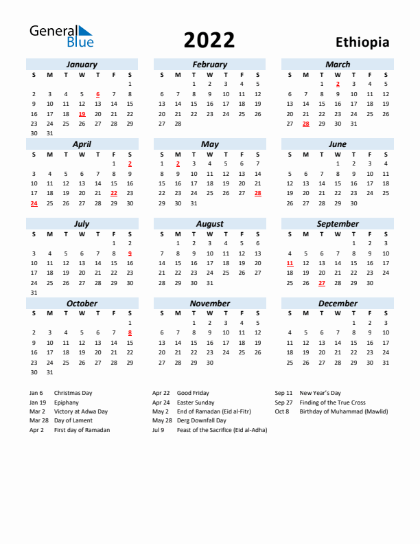 2022 Calendar for Ethiopia with Holidays