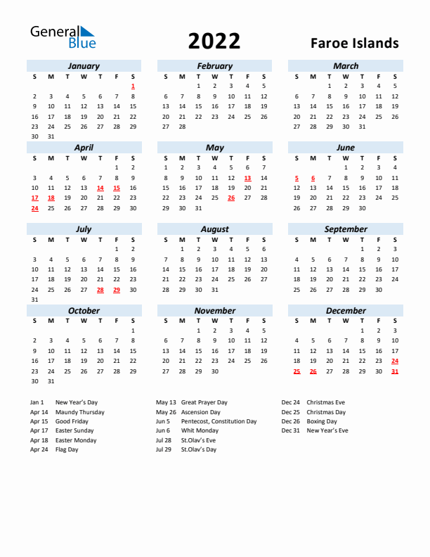 2022 Calendar for Faroe Islands with Holidays