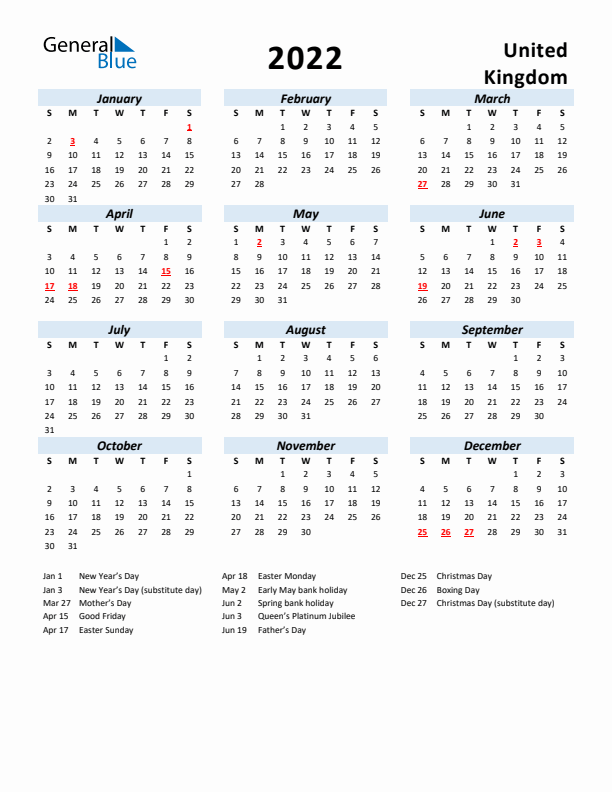 2022 Calendar Blue Script With Holidays Portrait Sunday Start En Gb 612x792 