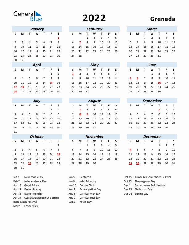 2022 Calendar for Grenada with Holidays