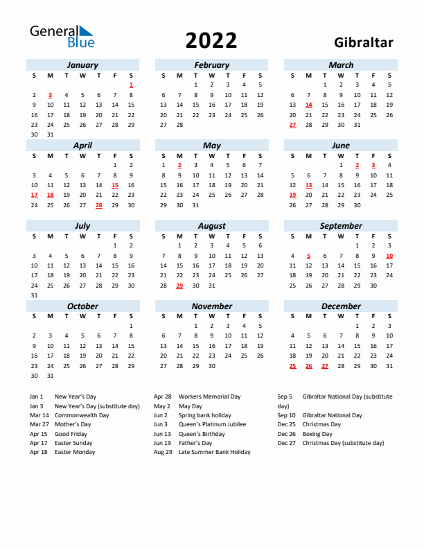 2022 Calendar for Gibraltar with Holidays