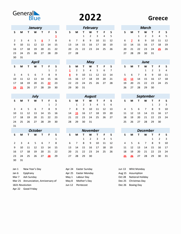 2022 Calendar for Greece with Holidays