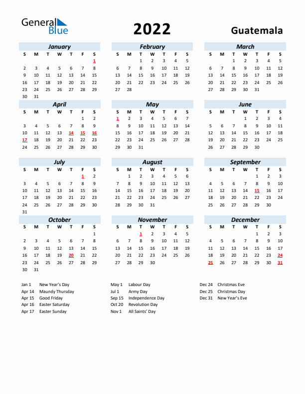 2022 Calendar for Guatemala with Holidays