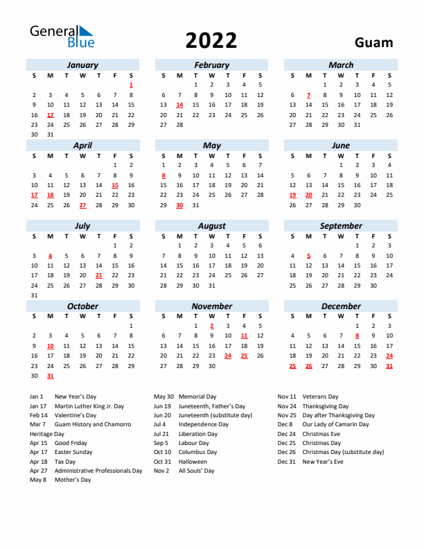 2022 Calendar for Guam with Holidays
