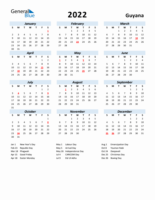 2022 Calendar for Guyana with Holidays