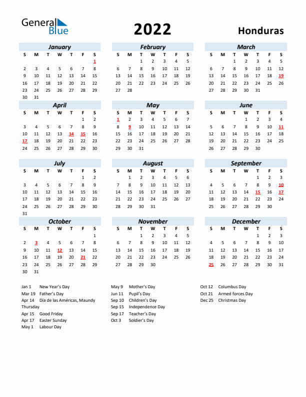 2022 Calendar for Honduras with Holidays