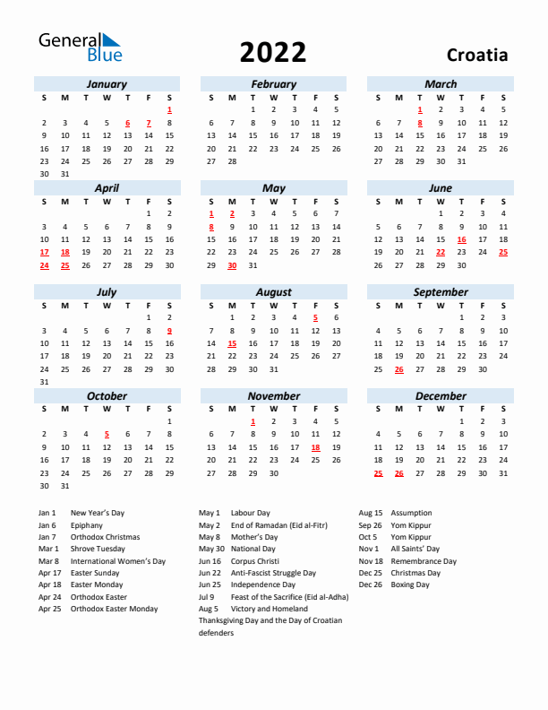 2022 Calendar for Croatia with Holidays
