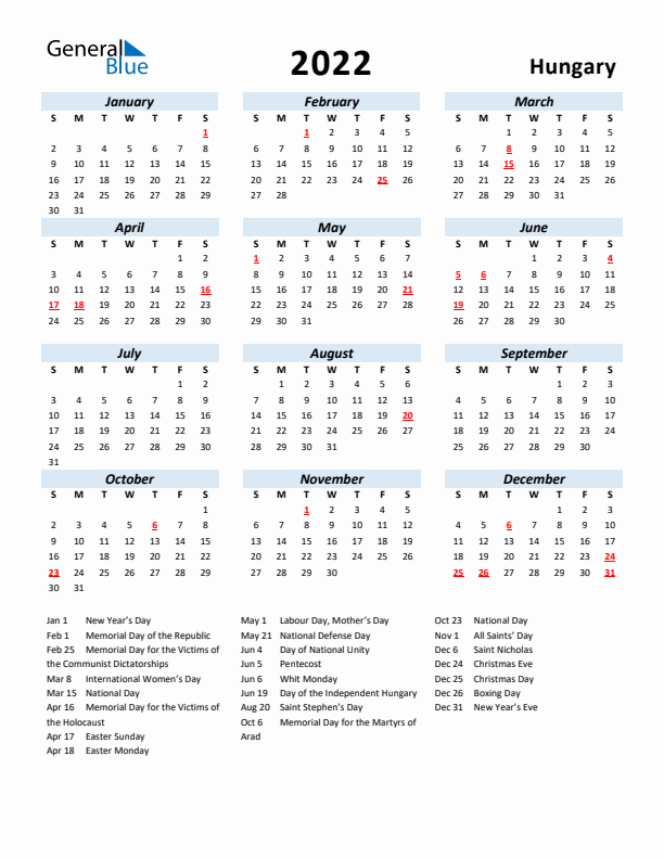 2022 Calendar for Hungary with Holidays
