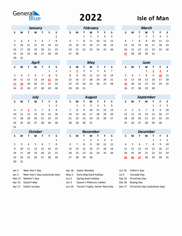 2022 Calendar for Isle of Man with Holidays