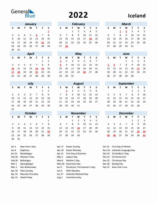 2022 Calendar for Iceland with Holidays