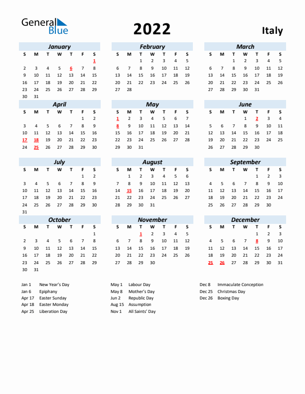 2022 Calendar for Italy with Holidays
