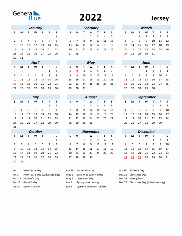 2022 Calendar for Jersey with Holidays