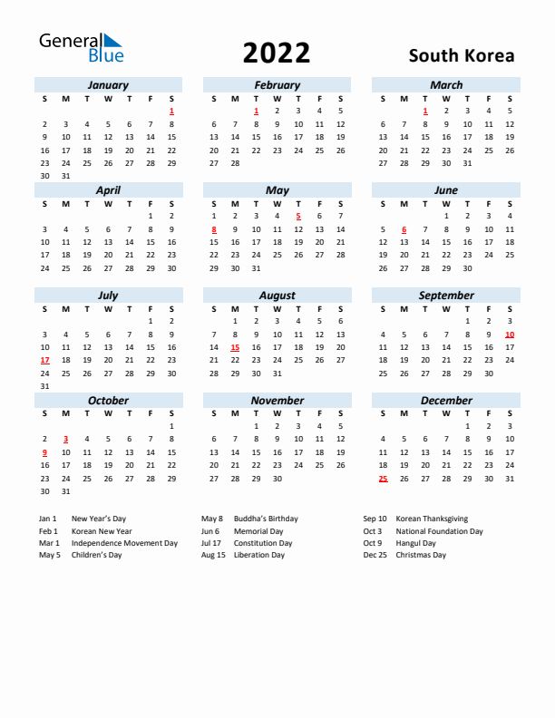 2022 Calendar for South Korea with Holidays