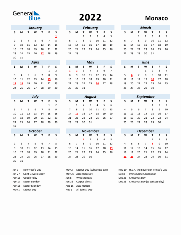 2022 Calendar for Monaco with Holidays