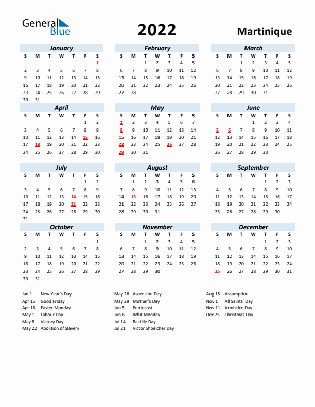 2022 Calendar for Martinique with Holidays
