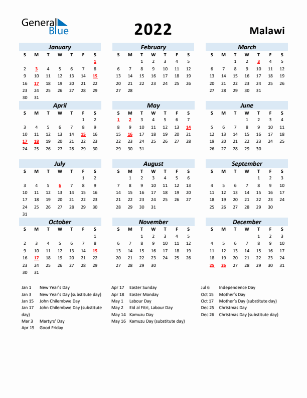 2022 Calendar for Malawi with Holidays