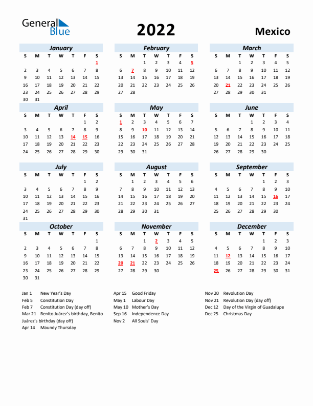 2022 Calendar for Mexico with Holidays