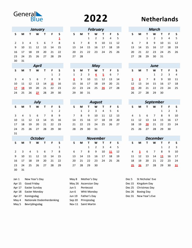 2022 Calendar for The Netherlands with Holidays