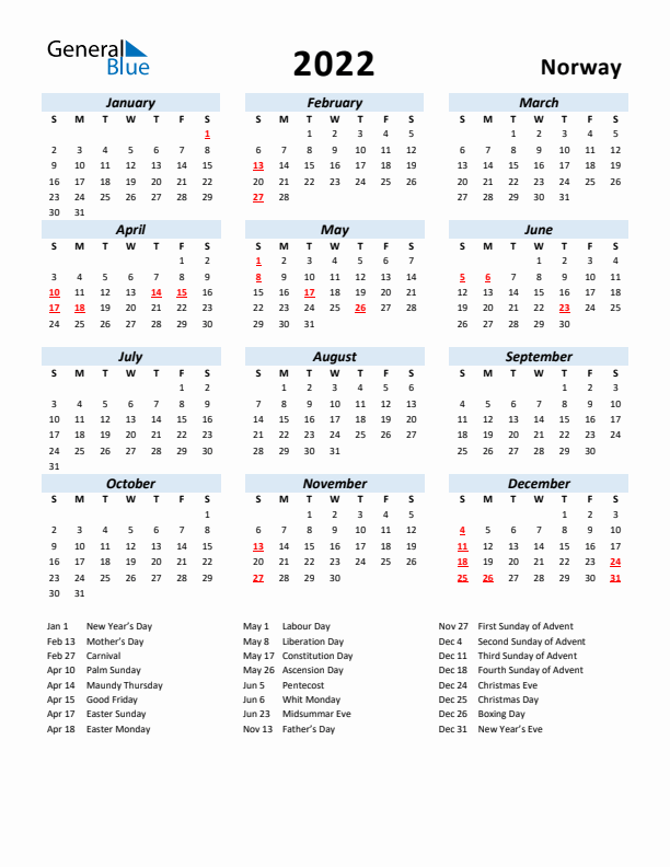 2022 Calendar for Norway with Holidays