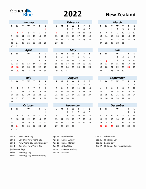 2022 Calendar for New Zealand with Holidays