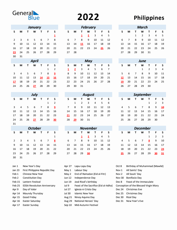 2022 Calendar for Philippines with Holidays