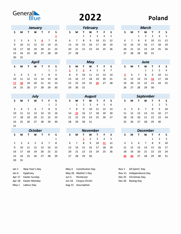 2022 Calendar for Poland with Holidays