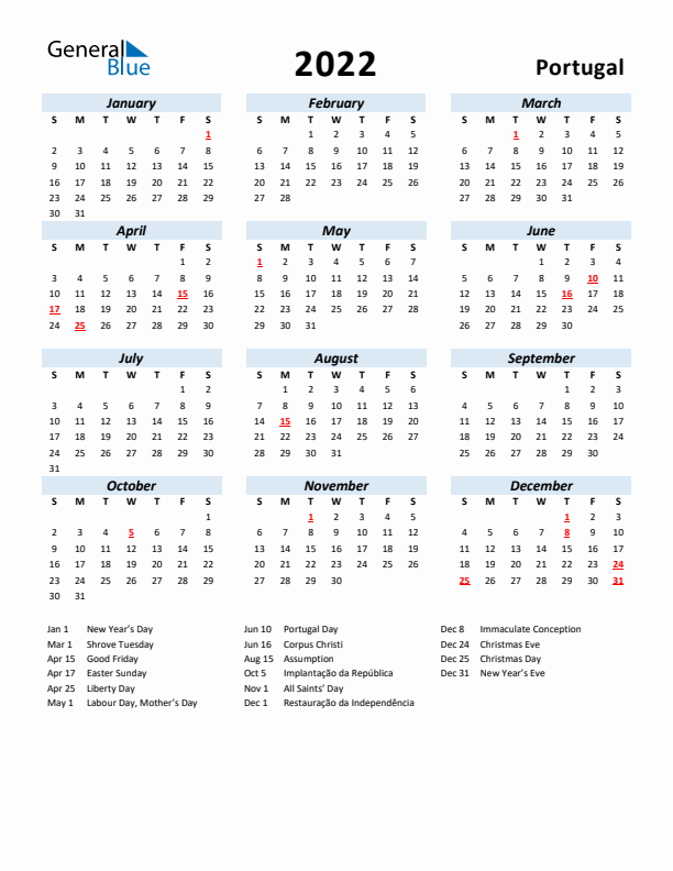 2022 Calendar for Portugal with Holidays