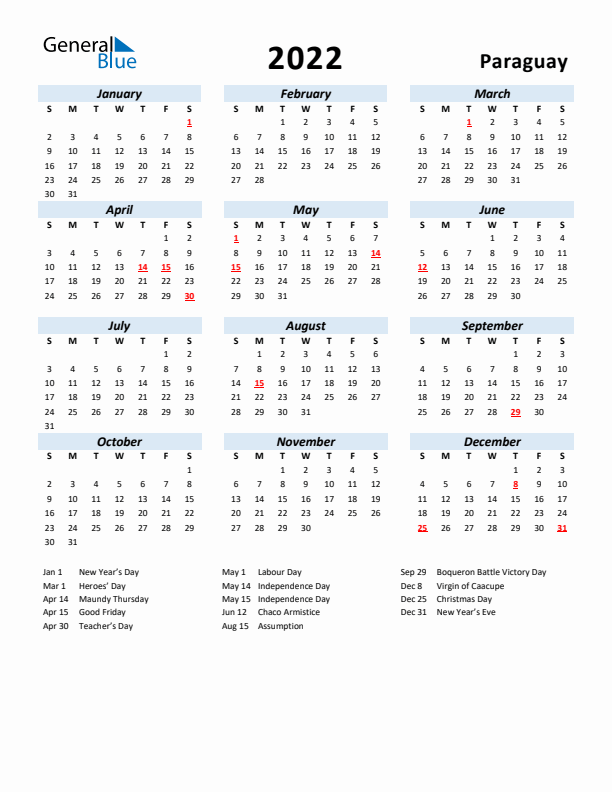 2022 Calendar for Paraguay with Holidays