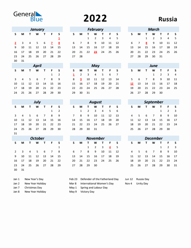 2022 Calendar for Russia with Holidays