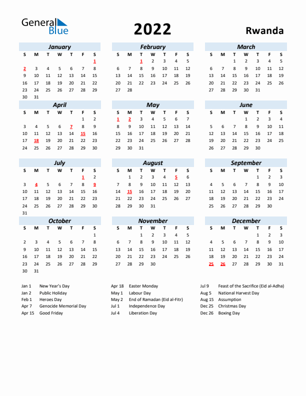 2022 Calendar for Rwanda with Holidays