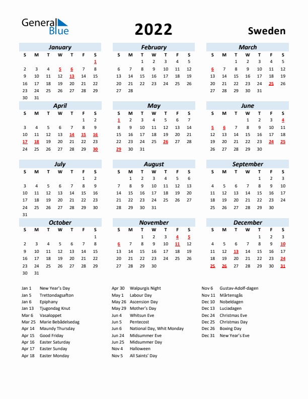 2022 Calendar for Sweden with Holidays
