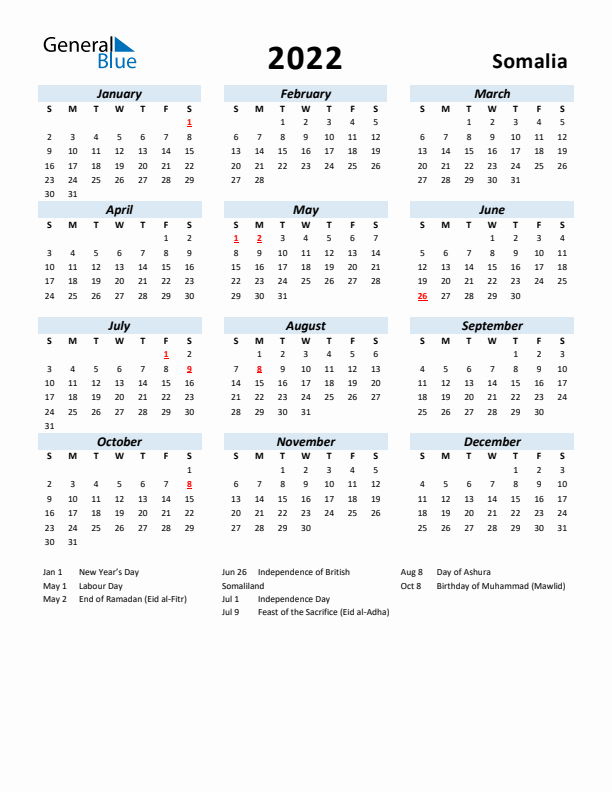 2022 Calendar for Somalia with Holidays