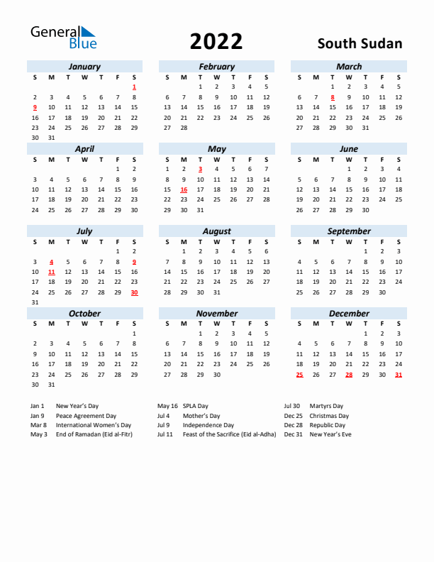 2022 Calendar for South Sudan with Holidays