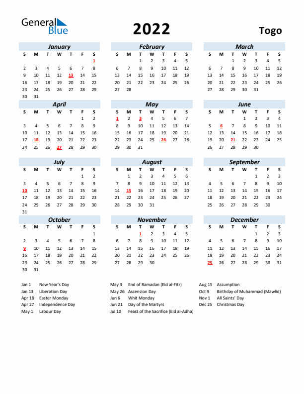 2022 Calendar for Togo with Holidays