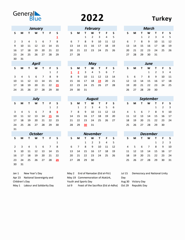 2022 Calendar for Turkey with Holidays
