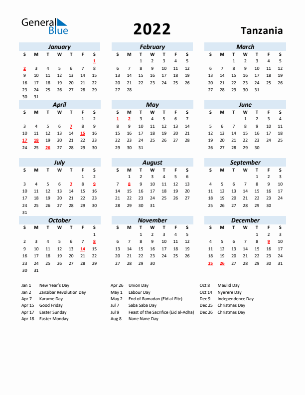 2022 Calendar for Tanzania with Holidays