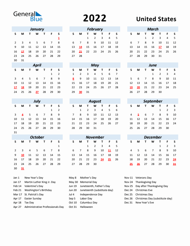 2022 Calendar for United States with Holidays