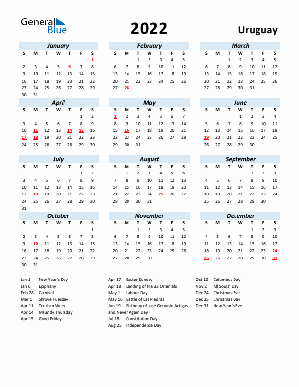 2022 Calendar for Uruguay with Holidays