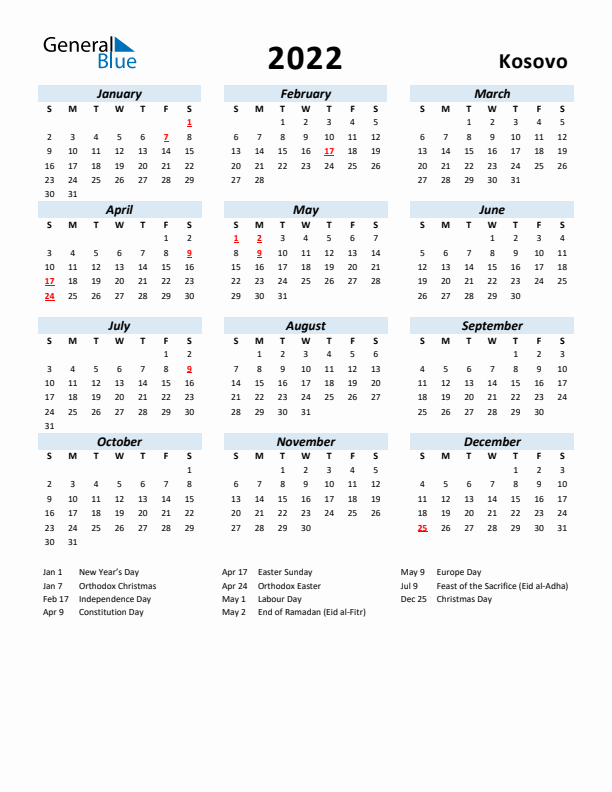 2022 Calendar for Kosovo with Holidays