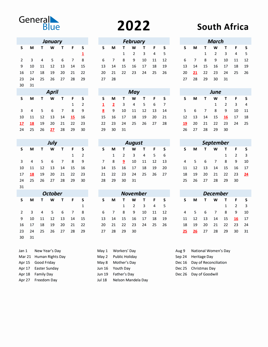 2022 Yearly Calendar for South Africa with Holidays