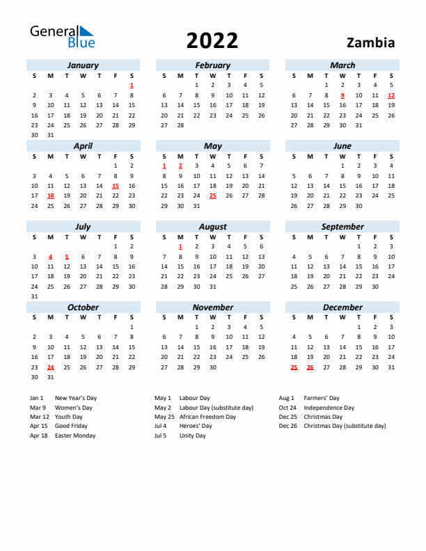 2022 Calendar for Zambia with Holidays